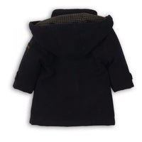 minoti, wollen duffle jas donkerblauw, houtje touwtje, smat 1 jongen meisje baby geruit, geboekt, gevoerd, katoen met capuchon, winterjas