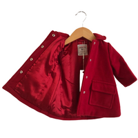 minoti, wollen rode engelse jas, satijn, dress up 2. baby meisje, rode warme luxe winterjas, gevoerd met capuchon