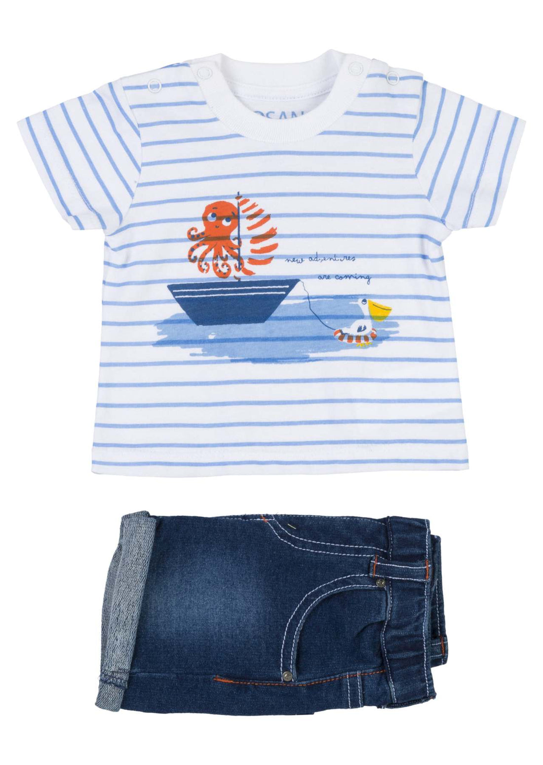 01V-8002AL losan, tweedelige set, jeans broekje en shirt kort, zee, boot octopus