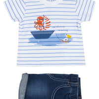 01V-8002AL losan, tweedelige set, jeans broekje en shirt kort, zee, boot octopus