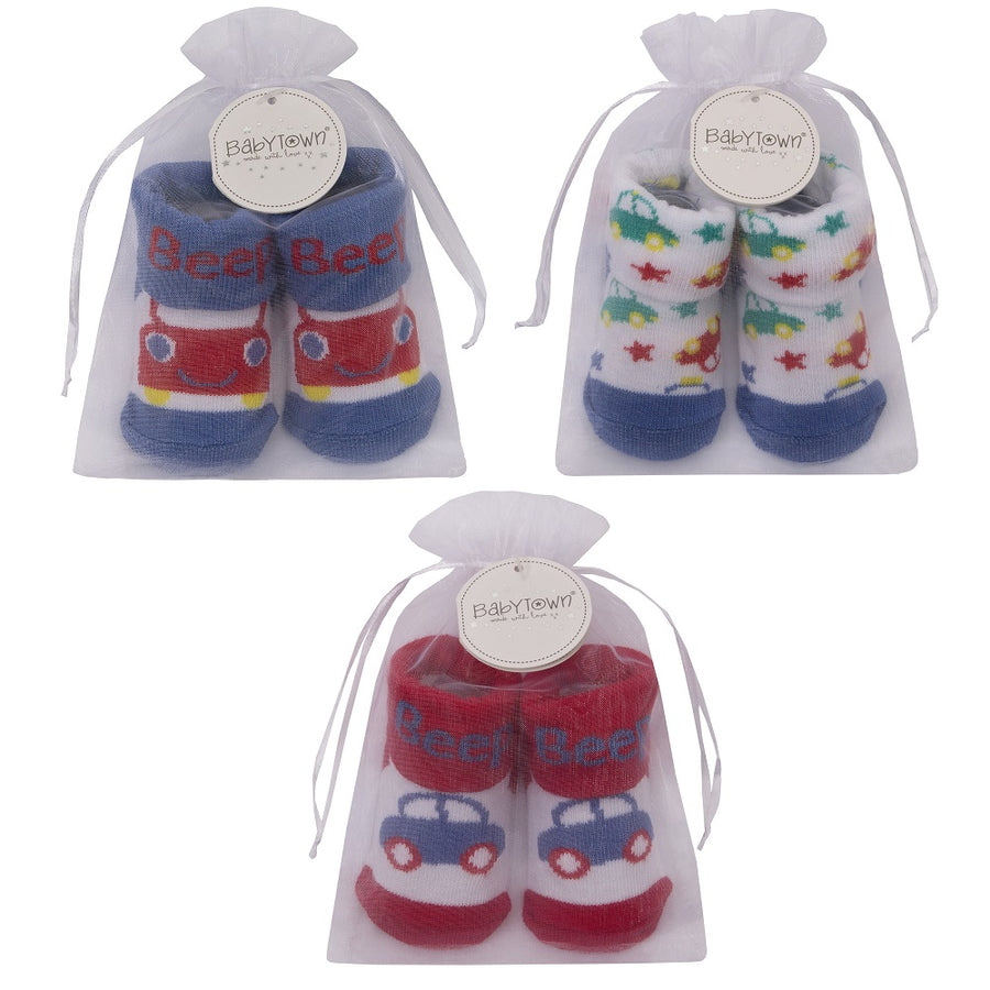 Sokjes in geschenkzakje - wit/blauw, auto & ster