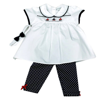 AVH1809 aarvark driedelige set, nautisch meisje, legging top katoen,, haarband met bootjes