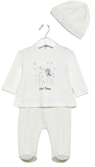 BYB29010 babybol, katoen driedelige set vogel bird met muts