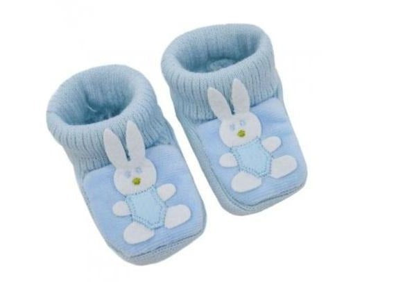 S424 soft touch baby sok slofjes blauw met konijn newborn baby