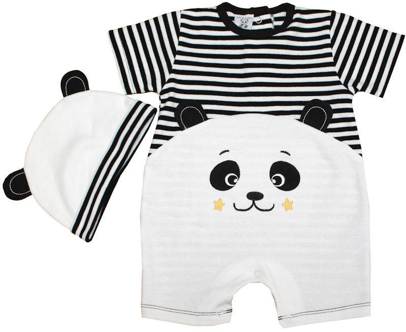 jtc909 just too cute panda jumpsuit boxpak kort met muts, zwart wit