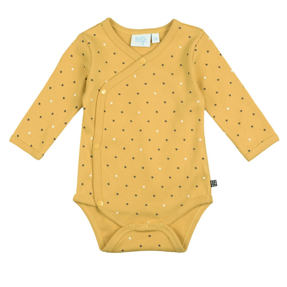 feetje body romper met omslag, geel okergeel. wikkelromper baby