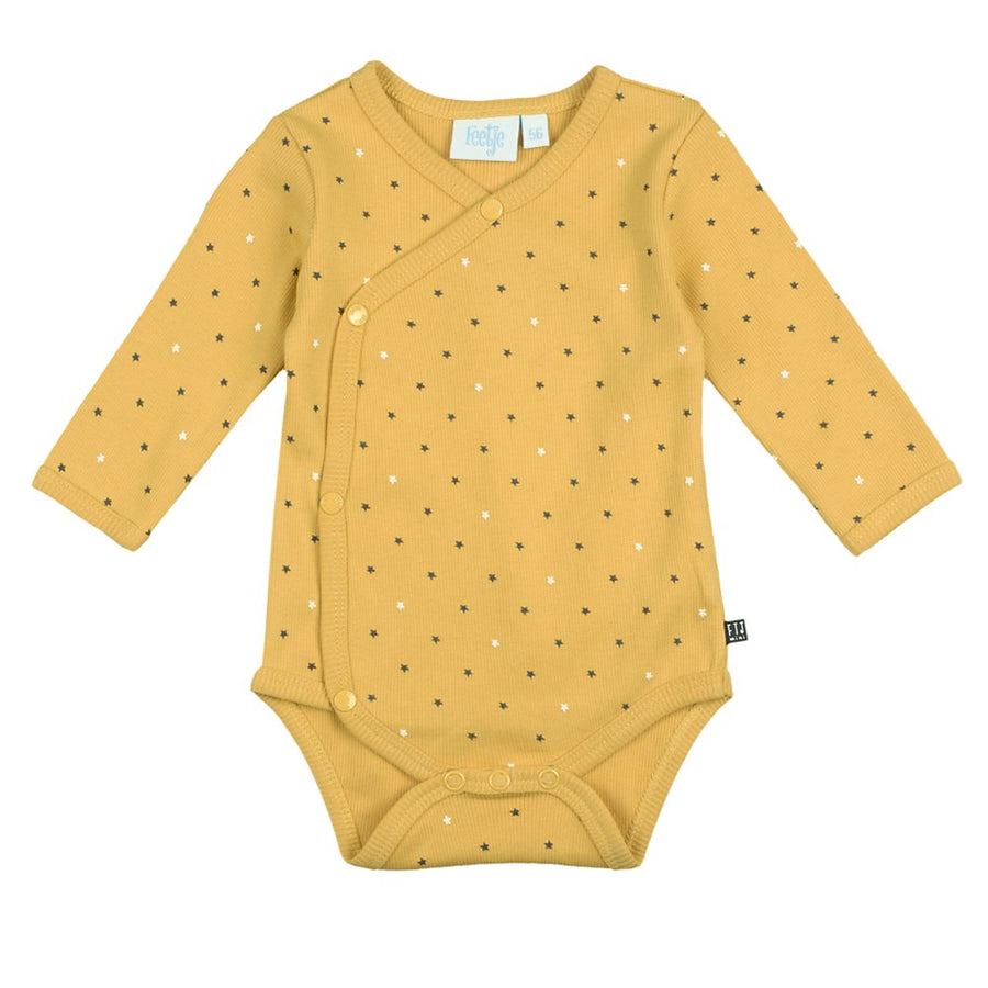 feetje body romper met omslag, geel okergeel. wikkelromper baby