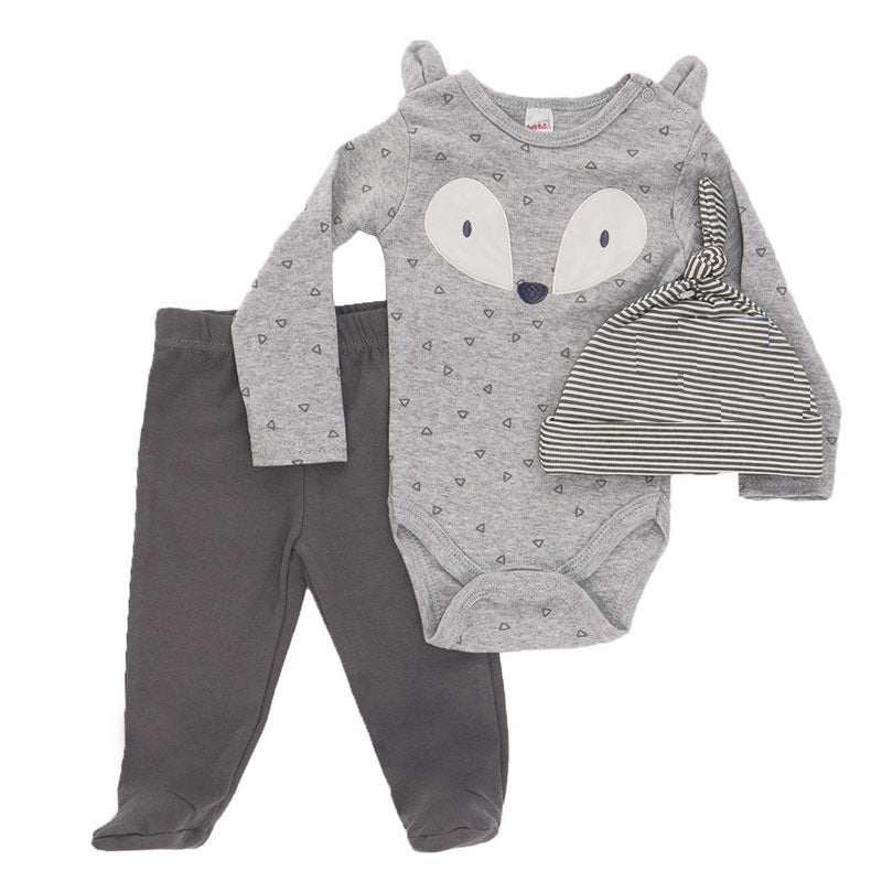 STBG134-B soft touch, driedelige set grijs katoen, fox met muts jongens