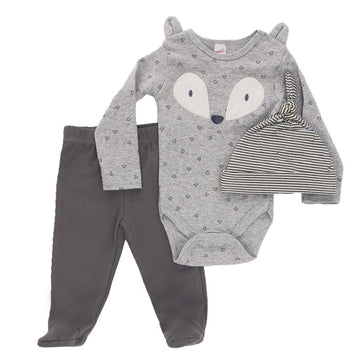 STBG134-B soft touch, driedelige set grijs katoen, fox met muts jongens