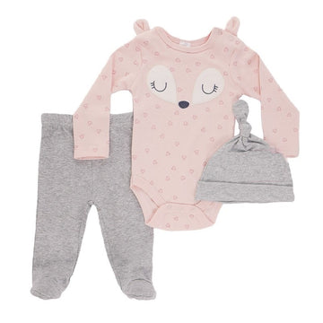 STBG134-P soft touch, driedelige set, fox romper, broek muts roze hart meisje