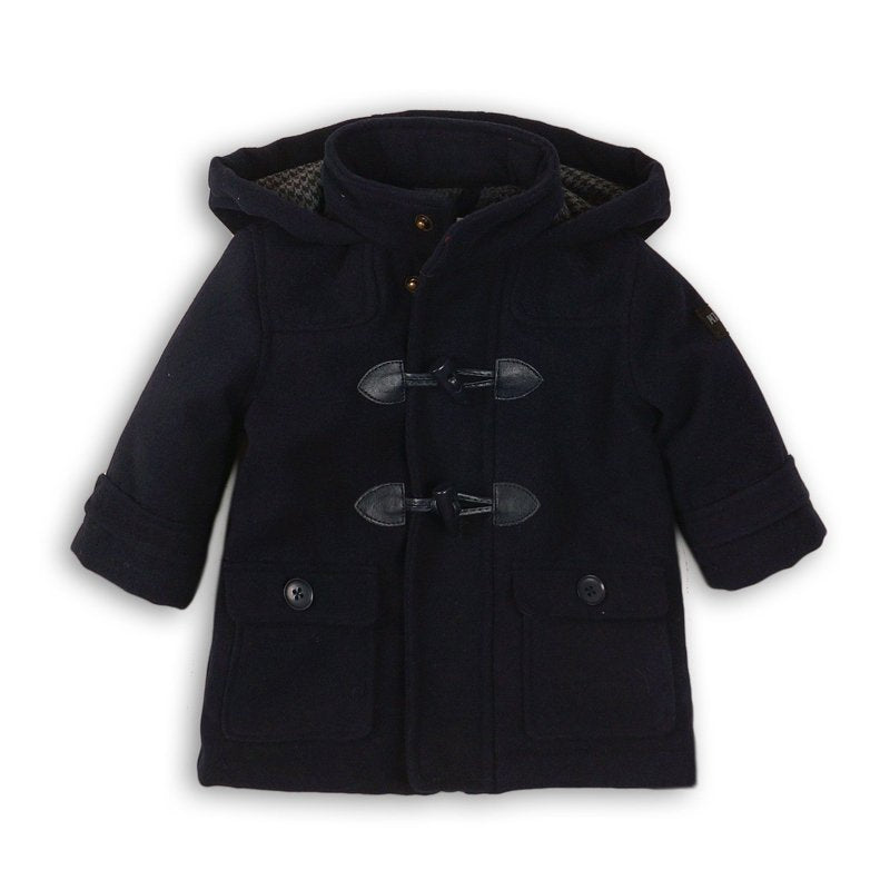 minoti, wollen duffle jas donkerblauw, houtje touwtje, smat 1